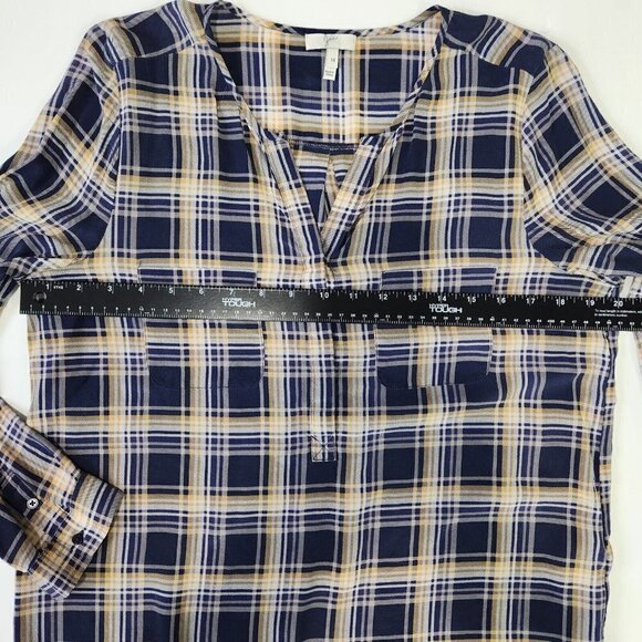 Joie Nepal Plaid Silk Popover Blouse M Long Sleeve Blue Yellow White Lightweight - Picture 6 of 9